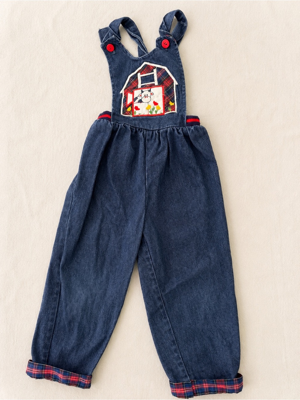 Dark Blue Denim Kids Overalls with Barn Patch